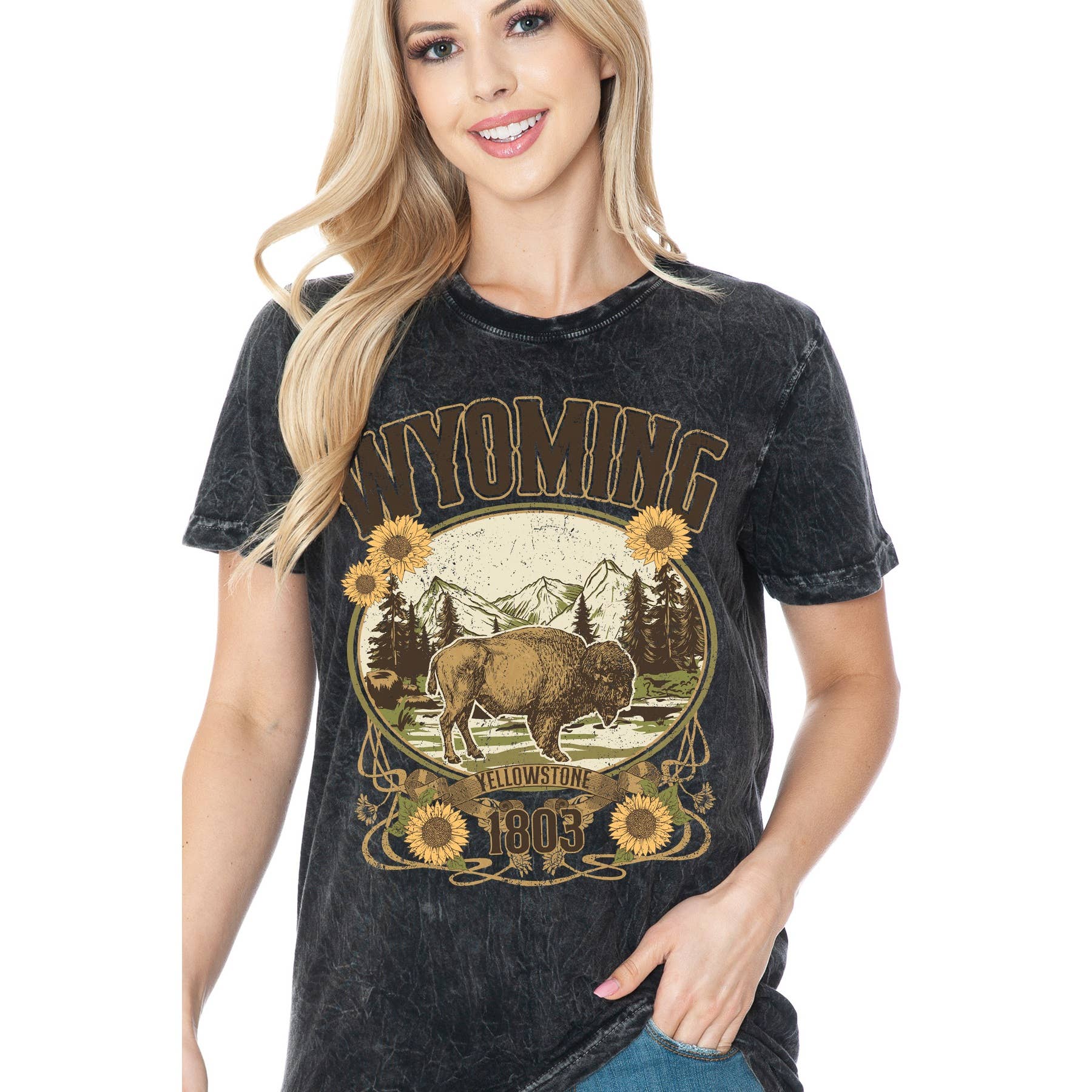 Amused by Blue - Wholesale Screen Printed T-Shirt - Women's - WYOMING YELLOWSTONE- Mineral Wash2