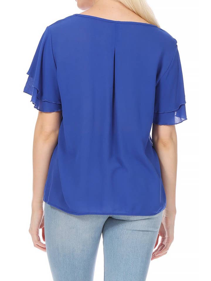 MOA COLLECTION - Wholesale Blouse - Women's - Casual Solid Flowy Short Flutter Sleeve Key Hole Blouse26