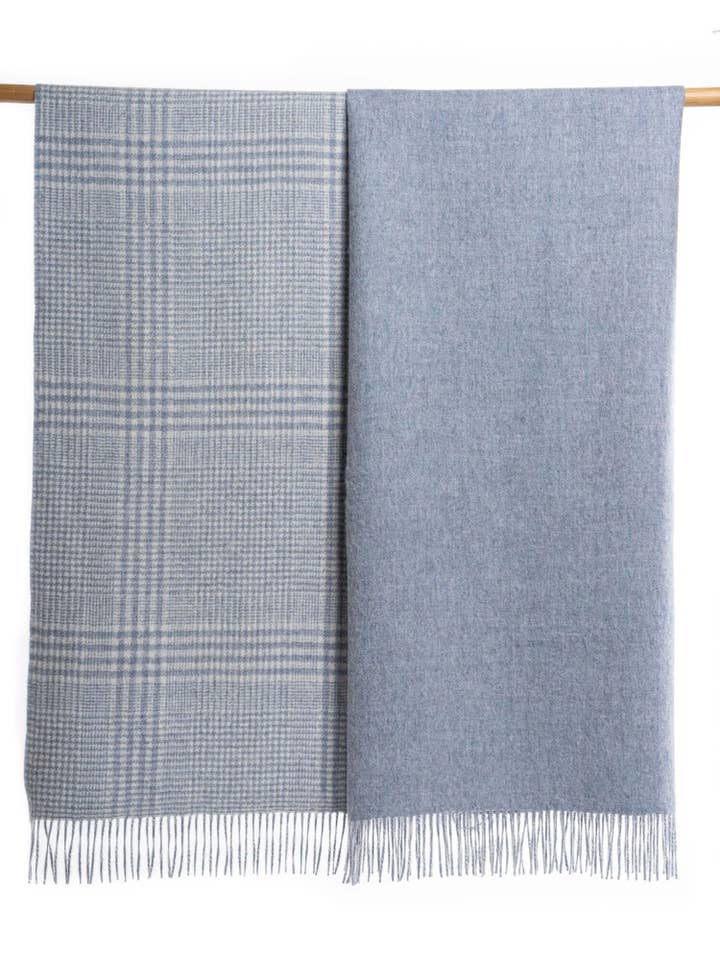 Reversible Solid / Plaid Throw, Baby Alpaca - Light Blue for wholesale by Orange Inca