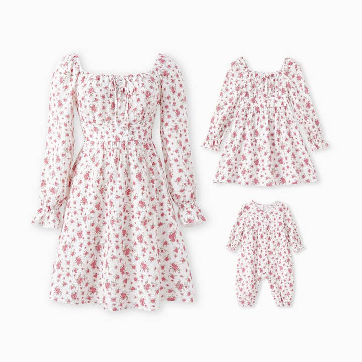 Mommy and Me Ditsy Long-Sleeve Bow-Tie Neck Dress/Romper for wholesale by PatPat