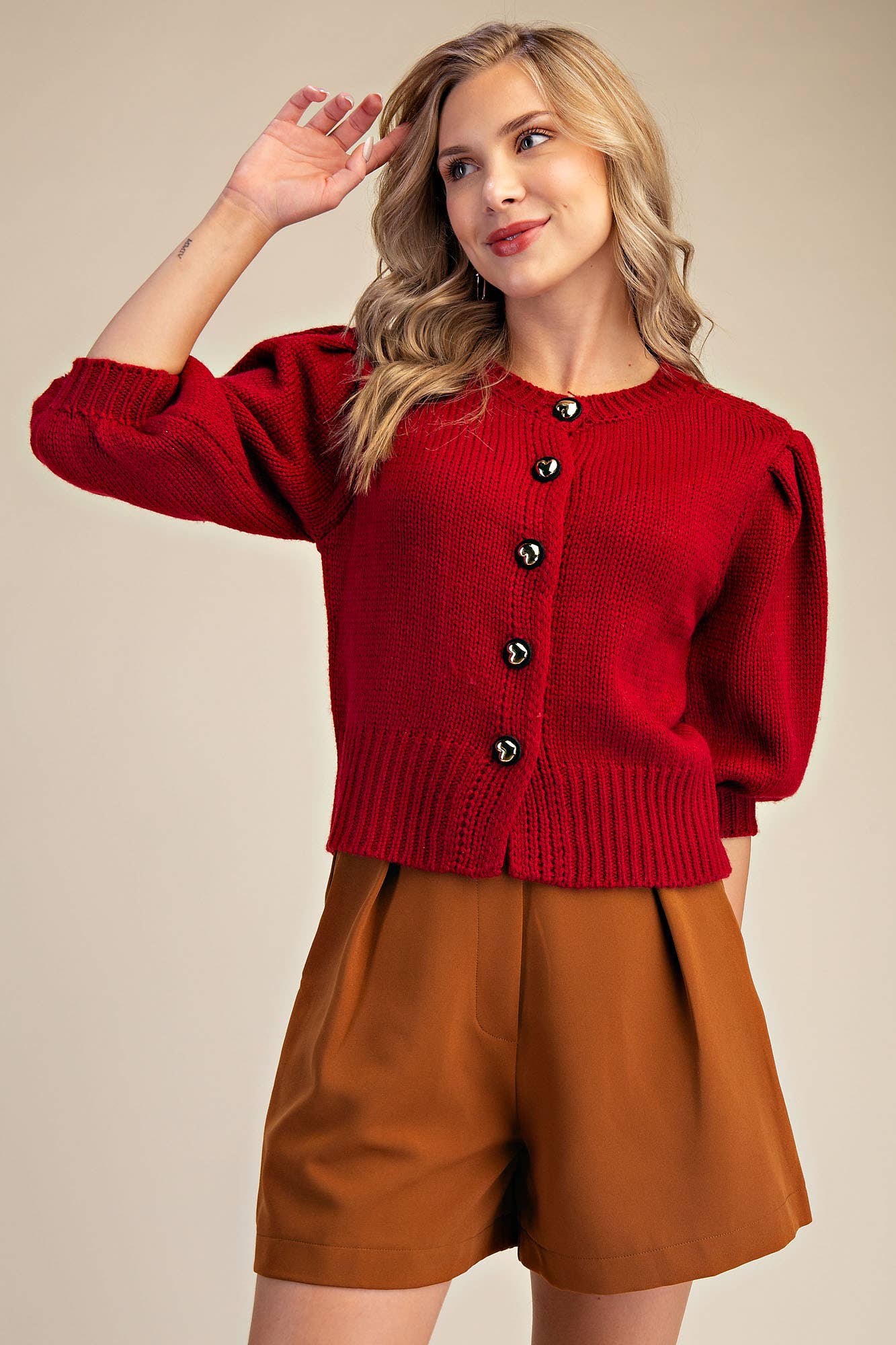 Glam - Wholesale Knit Sweater - Women's - Short Puff Sleeve Button Down Sweater1