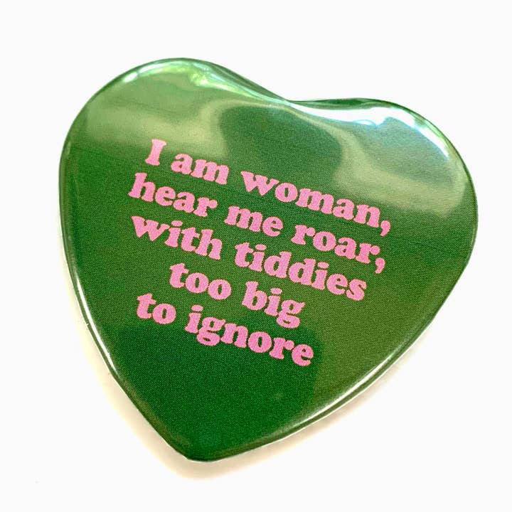 Krystan Saint Cat - Wholesale Lapel Pin/Button - I Am Woman With Big Tiddies Heart Shaped Pinback Button1