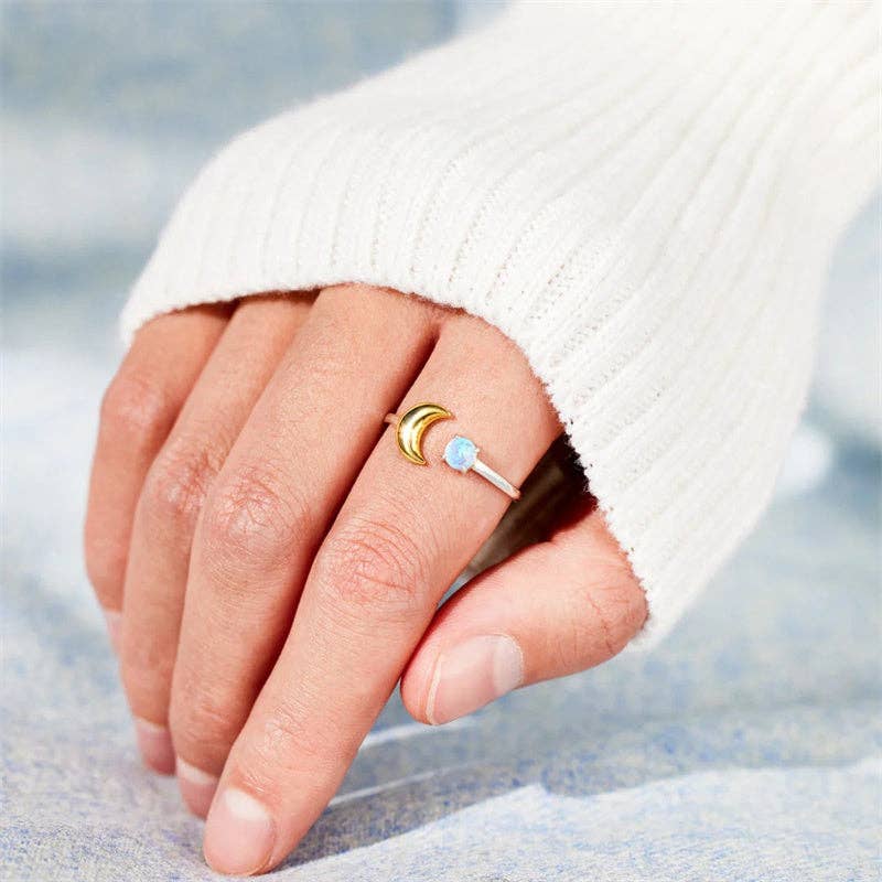Perimade & Co. LLC - Wholesale Single Stone/Solitaire Ring - Gold Opal Moon Star Stacking Ring in 925 Sterling Silver3