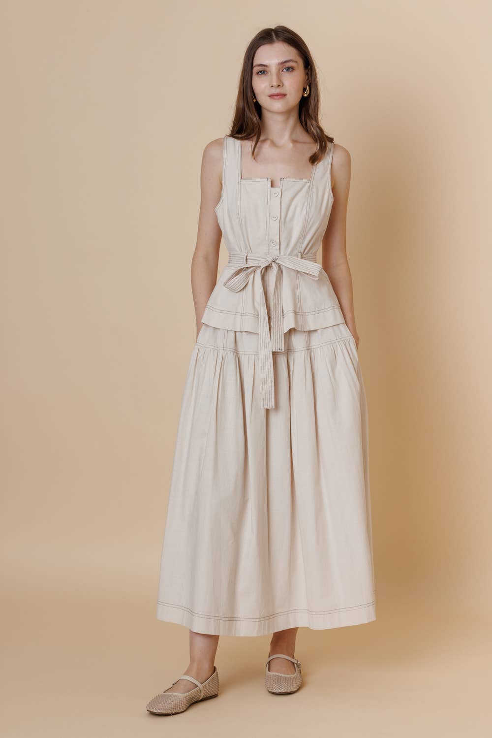 A & SHE - Wholesale T-Shirt - Women's - Square Neck Button Down Contrast Stitch Belted Top4