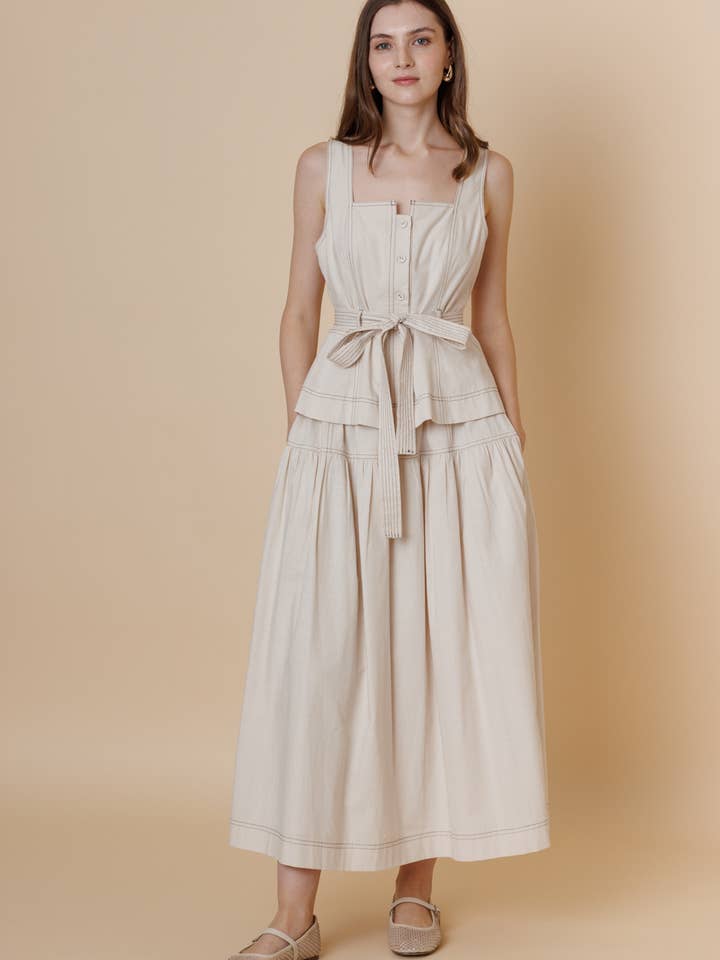 A & SHE - Wholesale T-Shirt - Women's - Square Neck Button Down Contrast Stitch Belted Top4