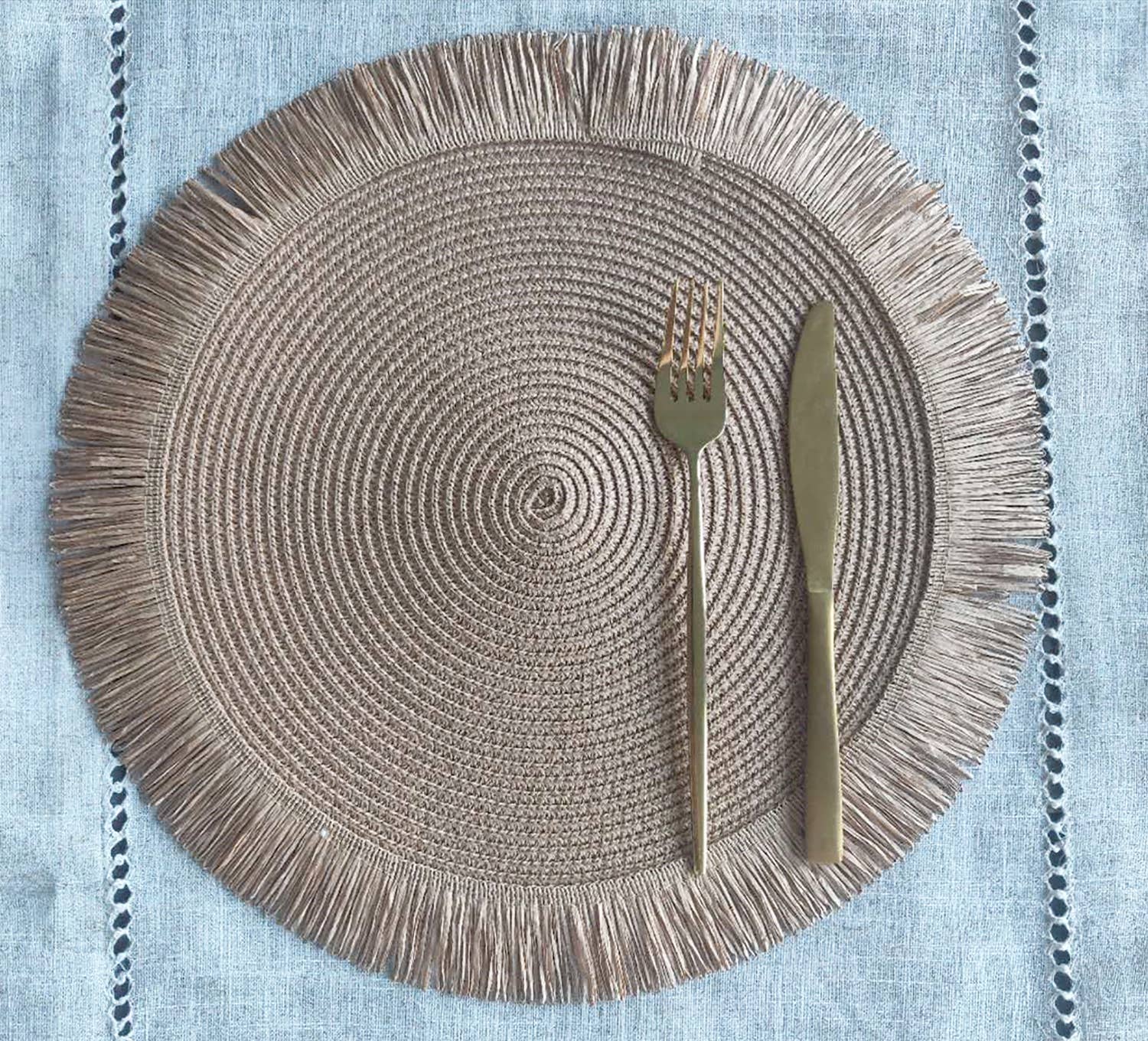 Fennco Styles - Wholesale Placemat - Handwoven Fringe Boho 15" Round Placemat10