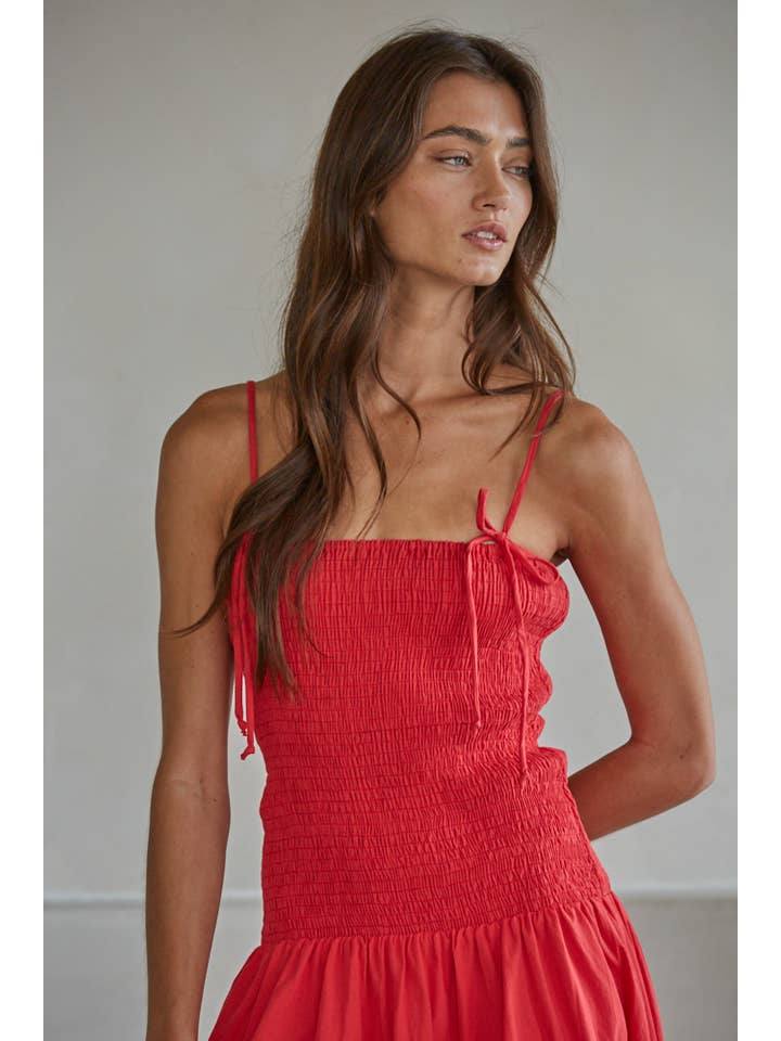 Ruby Red L9602 | Woven Cotton Sleeveless Smocked Midi Dress for wholesale on Faire1