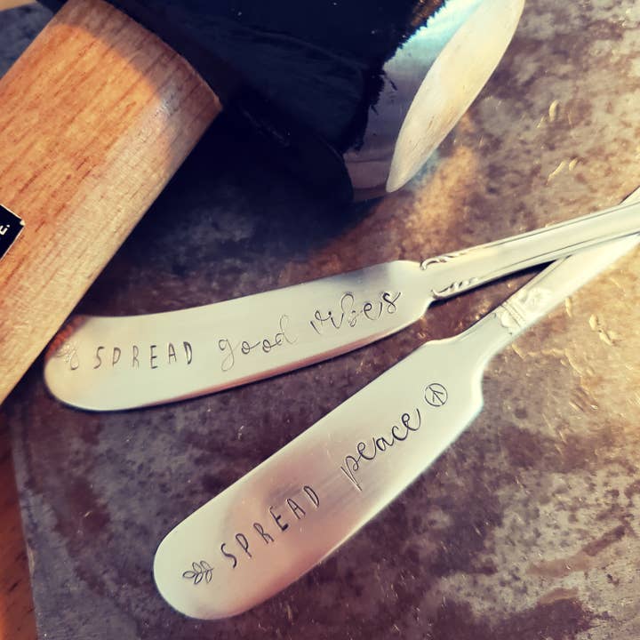 juNxtaposition® - Wholesale Cheese Spreader - SPREAD LOVE hand stamped vintage charcuterie spreader knife