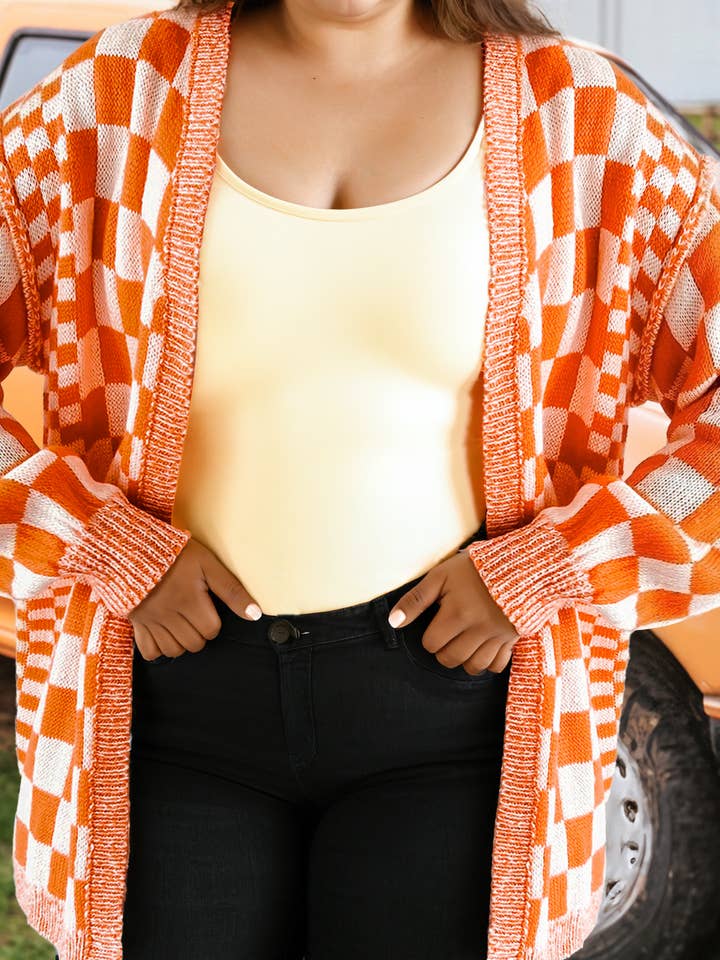 Plus Size Checkered Bubble Sleeve Drop Shoulder Cardigan for wholesale by fashionworks