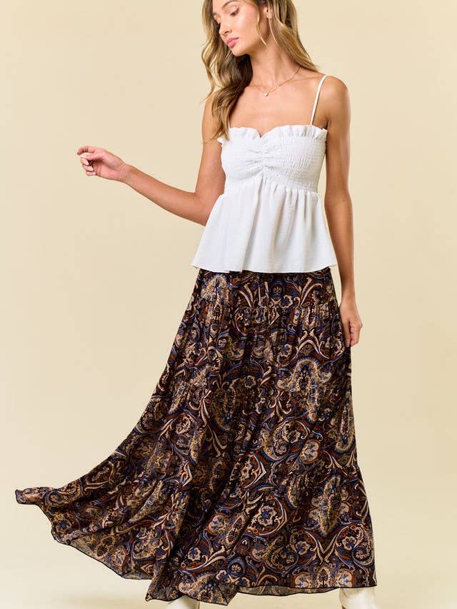 Saints & Hearts - Wholesale Skirt - Women's - SS1147O BLACK/TAUPE PAISLEY PRINT TIERED MAXI SKIRT4