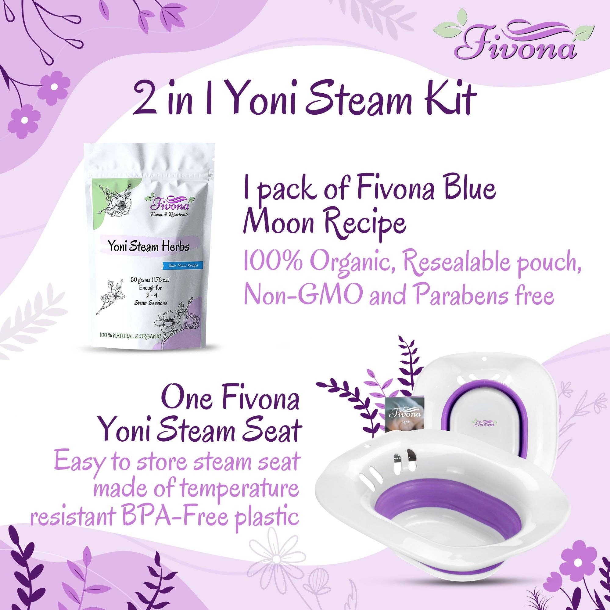FIVONA - Wholesale Health/Detox Tea - 2 in 1 Yoni Steam Kit Foldable Seat with Blue Moon Blend1