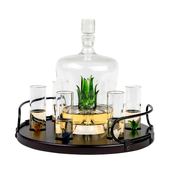 Tequila Agave Decanter With 6 Shot Glasses And Stand for wholesale by The Wine Savant / Khen Glassware