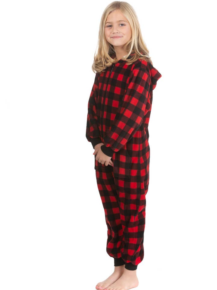 Big Feet Pajamas - Venta al por mayor Enterizo - Niños - Pijama mono con capucha en forro polar a cuadros de búfalo3