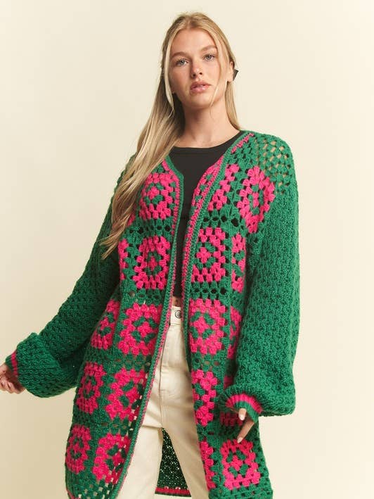 JADE BY JANE - Vente Cardigan – femme - Cardigan en maille ouverte bicolore en crochet carré à motif floral11