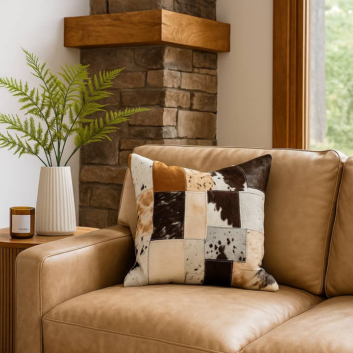 Glamthread - Wholesale Throw pillow cover - Handmade Cowhide Patchwork Cushion Cover - Natural Leather 45x45cm0