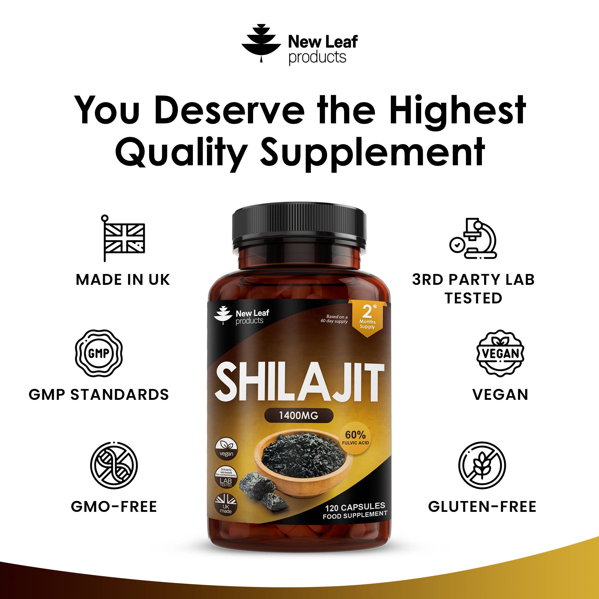 New Leaf products Ltd – wholesale Oral supplement/vitamin – Shilajit Capsules 1400mg with 60% Fulvic Acid 120 Capsules3