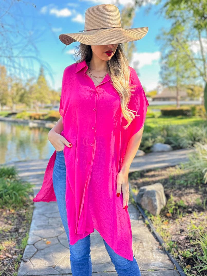 Fuchsia Oversized Sleeveless Button-Down Shirt with Slits for wholesale on Faire3