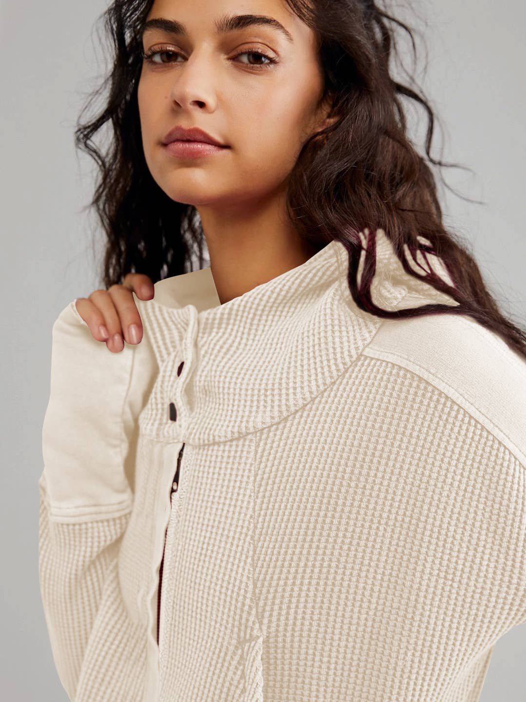 HIDDENBRAND - Wholesale Hoodie - Women's - Full zip waffle cropped hoodie in Brown20