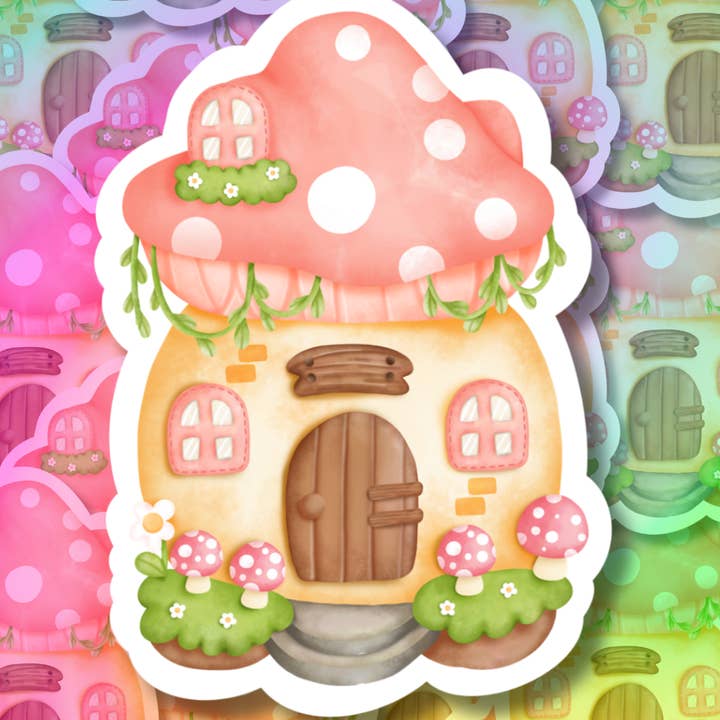 Autocollant en vinyle Maison de champignons roses pour la vente par Hikaru Tara Art Arst & Craft Gift Shop