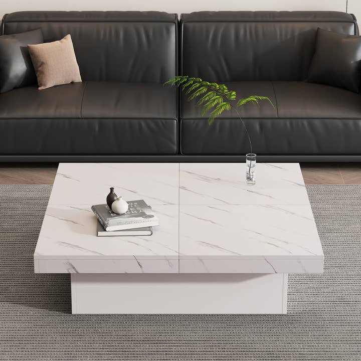 Urban Meuble - Wholesale Side Table - Modern white square coffee table with marble effect, 4 drawers, sliding top 90x90x25cm KHEKRIED59