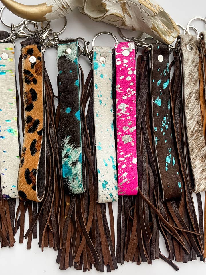 Cowhide Leather Fringe Tassel Keychain for wholesale by Boho Ranch Shop