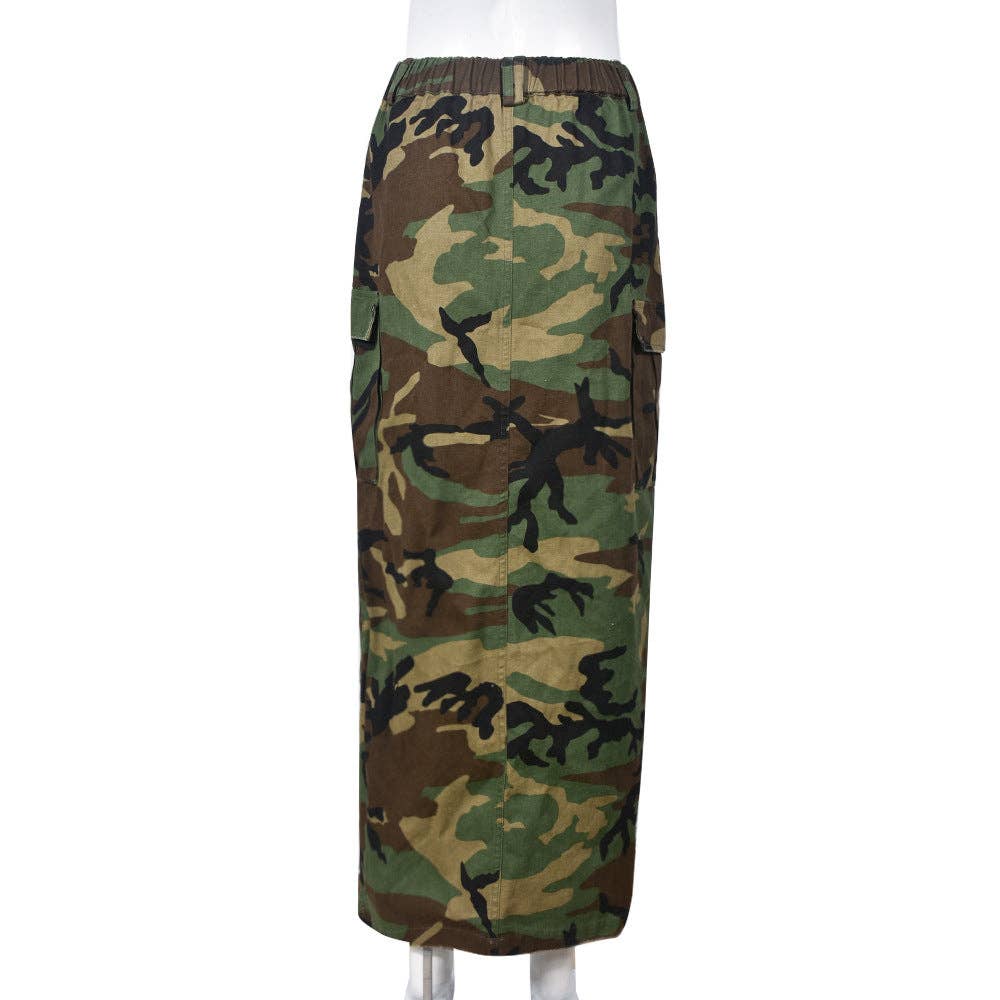 MB FASHION High-Waisted Camo Cargo Skirt with Slit 8805LY for wholesale on Faire1