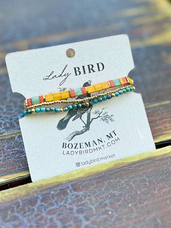 Sonnenblumengelb & Türkis Ernte Tila Perlen gestapeltes Armband-Set | Handgemachtes Boho Stretch Wrap in Silber oder Gold für den Großhandel von Lady Bird Market