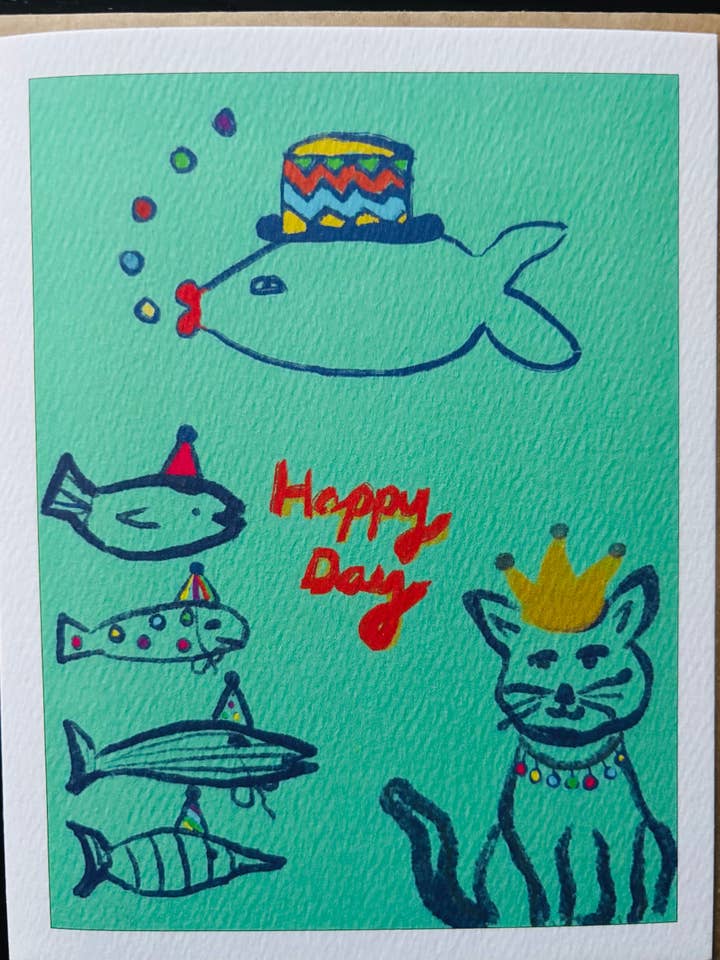 Joyeux anniversaire carte de vœux chat poisson amusant pour la vente par Bernie Street Studios