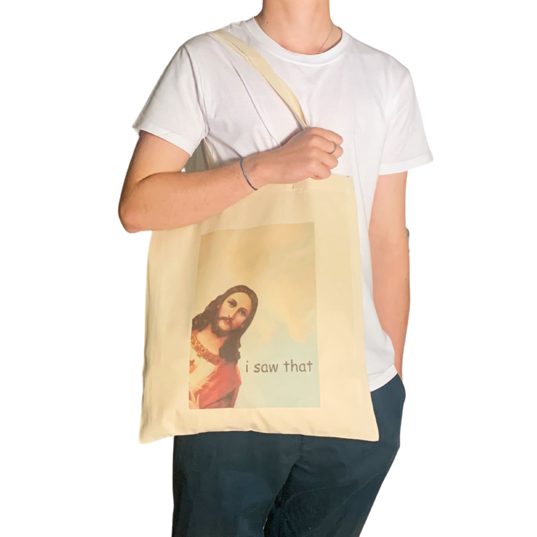 ZZZEBRAAA LIMITED – wholesale Tote bag – Unisex – Funny Jesus 'I Saw That' Meme Tote Bag Christian Religion2