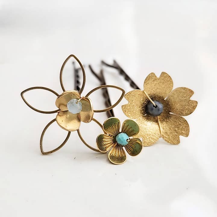 Brass Flower and Aquamarine, Turquoise and Lapis Hairpins for wholesale by Sara Sela Jewelry