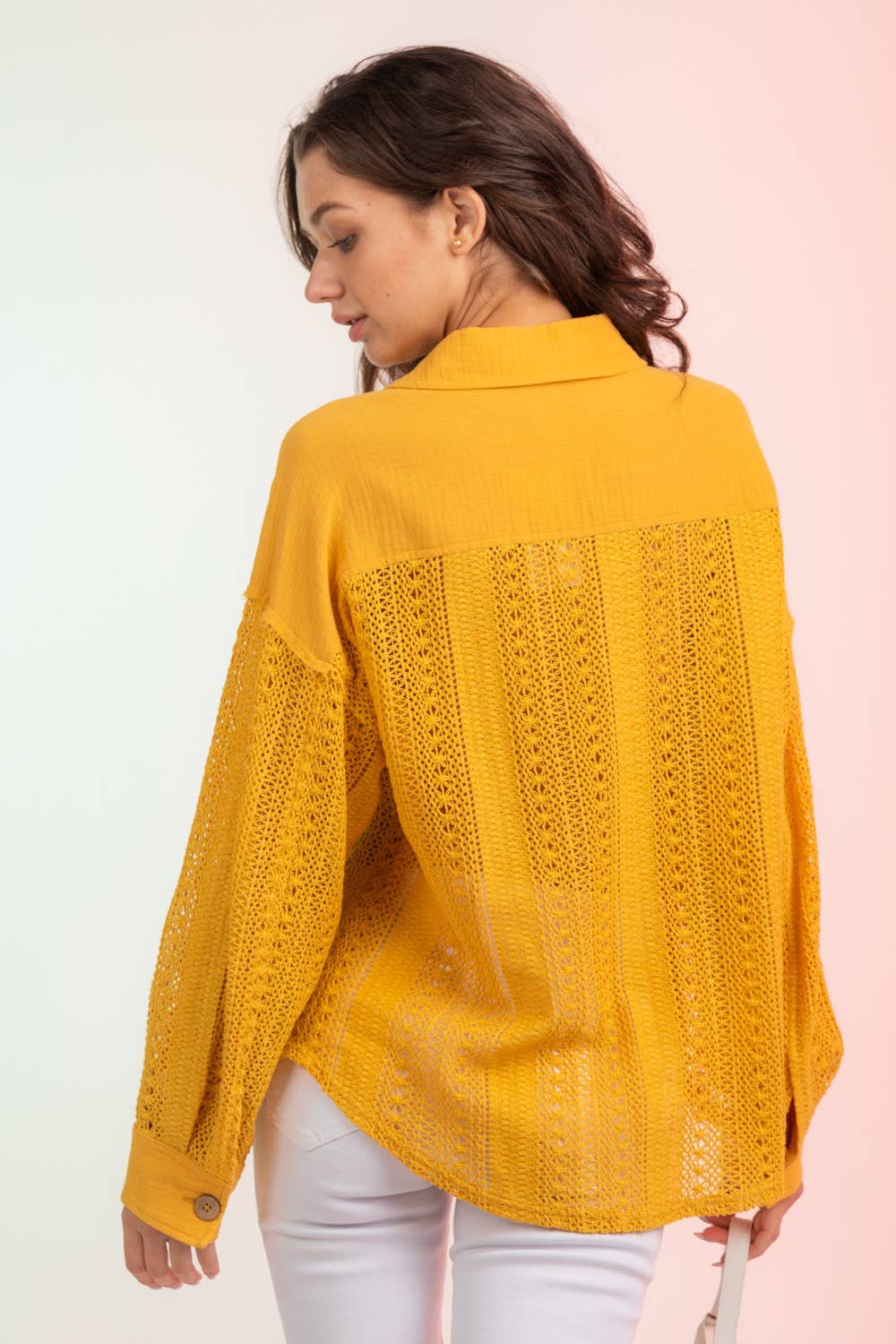 YELLOW NJ90118-Lace Crochet Button Down Sheer Shacket for wholesale on Faire7