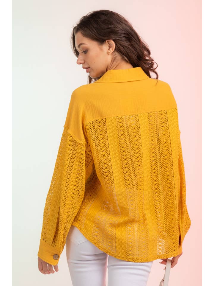 YELLOW NJ90118-Lace Crochet Button Down Sheer Shacket for wholesale on Faire7
