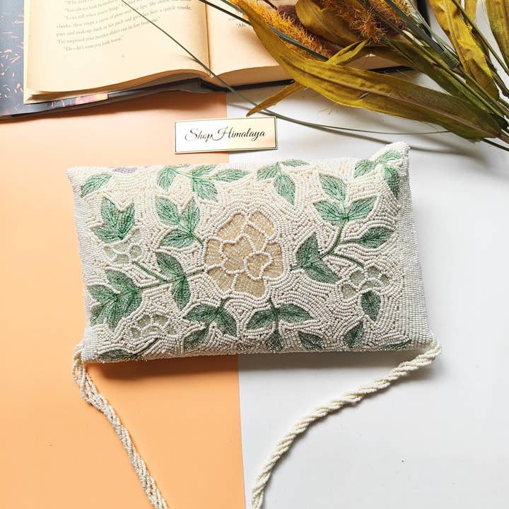 ShopHimalaya - Wholesale Clutch Bag - Women's - Pastel Floral Beaded Clutch Crossbody Ivory Bride Purse