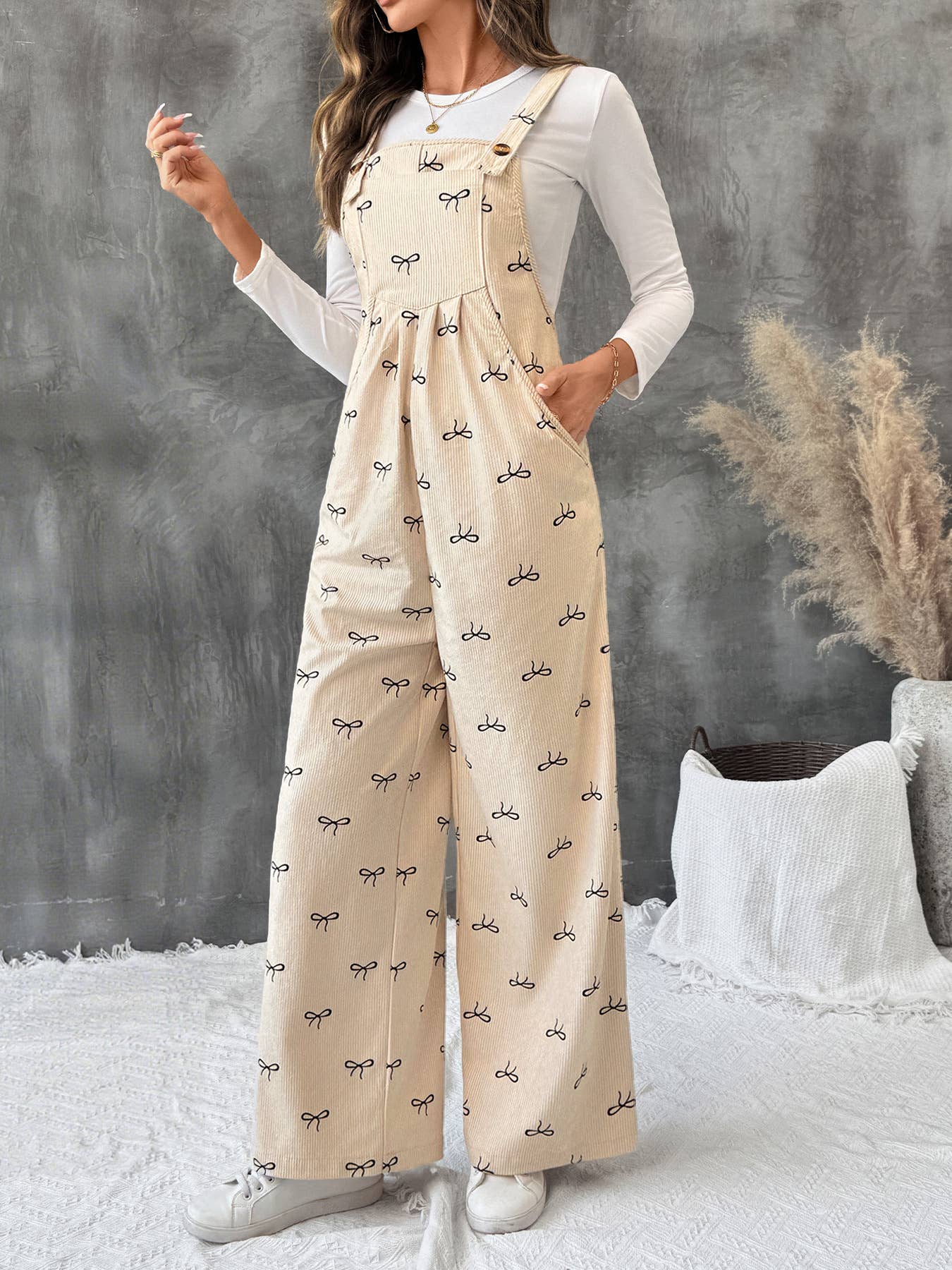 Beige Wide Leg Corduroy Overalls with Bow Print Design for wholesale on Faire3