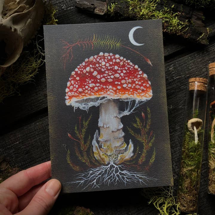 Round Amanita Mushroom Mini Postcard Print for wholesale by Up Moss Creek Studio
