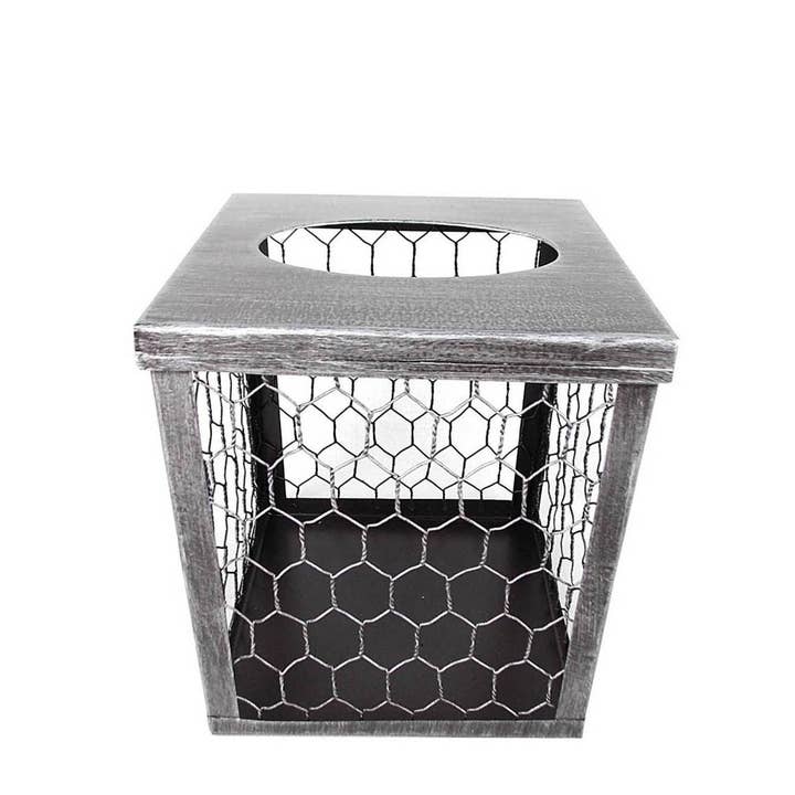 Square Tin Tissue Box with Chicken Wire, Antique Silver - 5.5" Tall for wholesale by Birch Maison