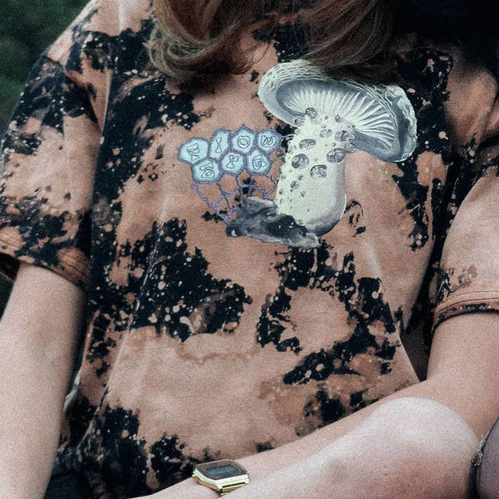 "Mushroom" Black Bleached Shirt - Mushroom Graphic Tee for wholesale by Flow Era