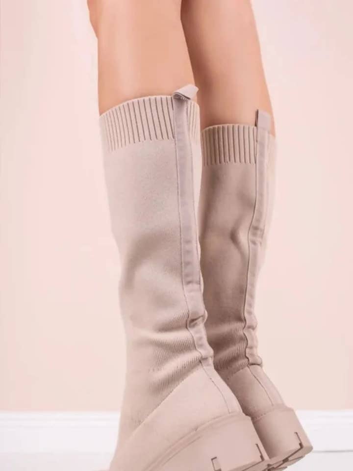 Beige Chunky Platform Knee High Boots - Miriana for wholesale by Femme Luxe