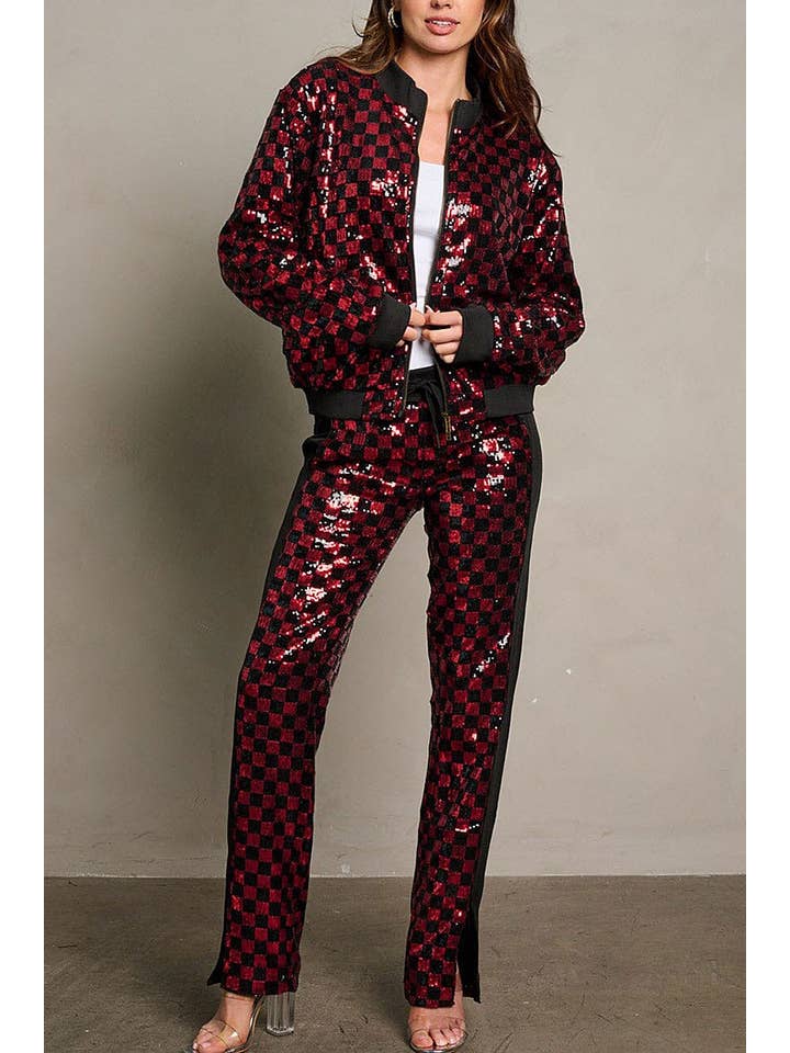 ROUSSEAU - Wholesale Top & Pant Set (NOT Loungewear) - Women's - LONG SLEEVE JACKET ELASTIC WAIST PANTS SEQUINS SET