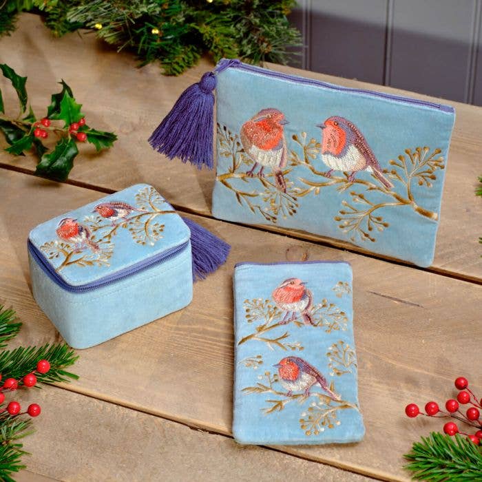 Langs - Wholesale Jewelry Box/Organizer - Festive Robin Velvet Jewellery Box With Embroidery and Beads2