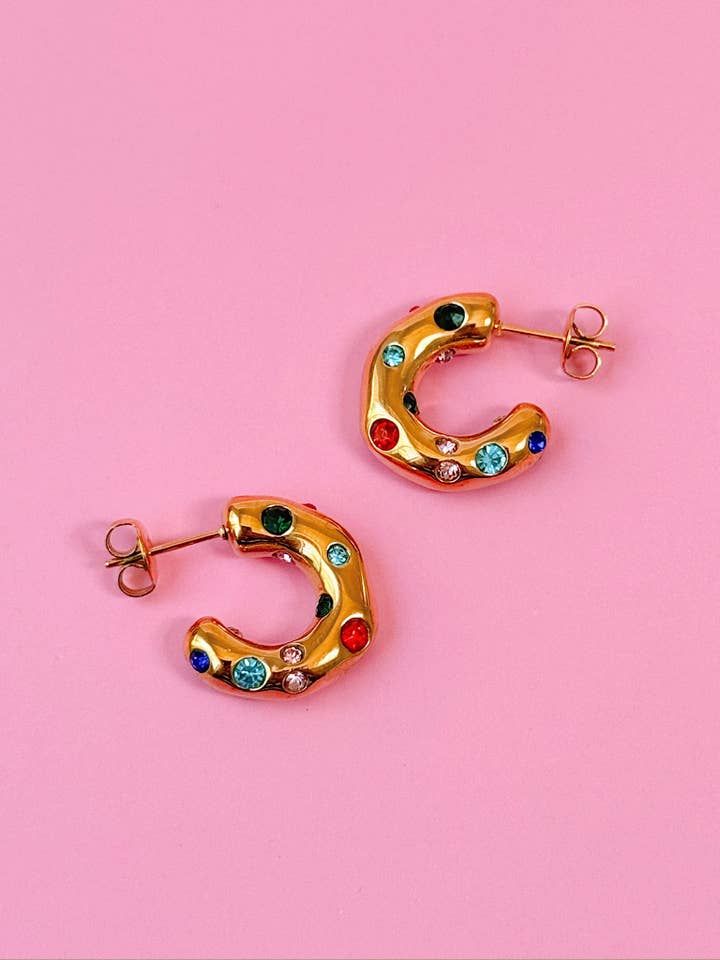 Chunky Rainbow Gem Hoop Stud Earrings - Whimsy, Glam, Pop for wholesale by Golden Hour Designs