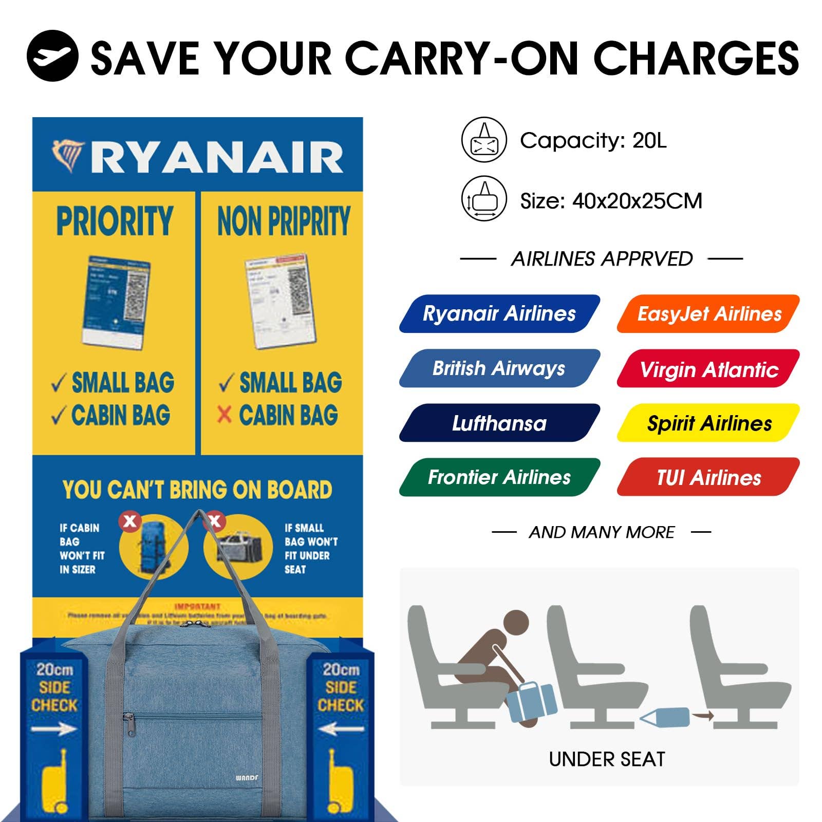 wandf - Wholesale Weekender Bag - Women's - Airplane Personal Item Travel Bag Best Underseat Bag WF112225