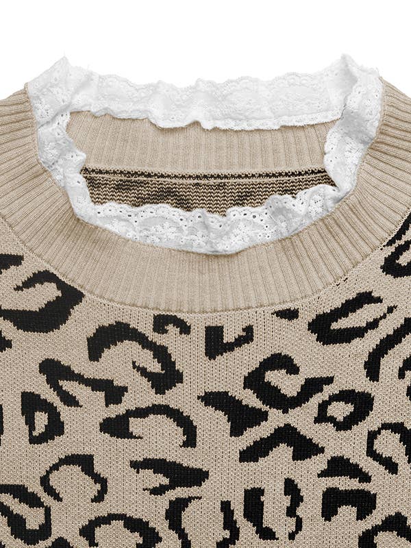 Khaki Autumn and winter retro lace stitching leopard print sweater for wholesale on Faire5