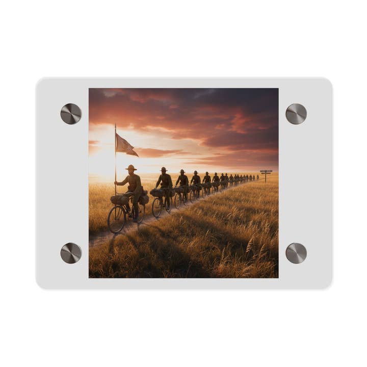 Pannello d'Arte Murale in Acrilico - Compagnia E 25ª Fanteria Buffalo Soldiers Corpo Ciclistico con Guidone nella Prateria al Tramonto per la vendita all'ingrosso da parte di MIP