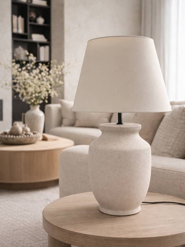 White elegant, modern table lamp with fabric shade for wholesale by Enoceramics