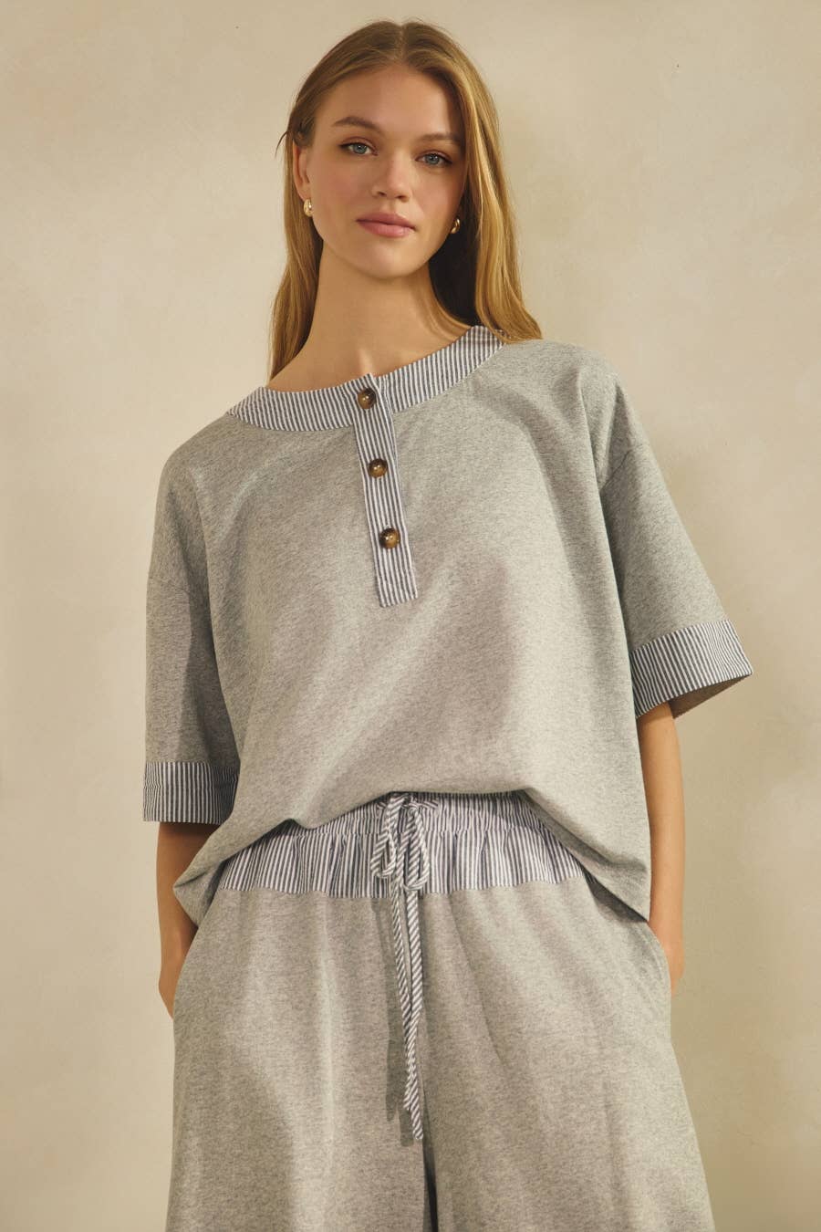 Oddi - Wholesale Top & Pant Set (NOT Loungewear) - Women's - Contrast-trim Henley Top And Pants Set9