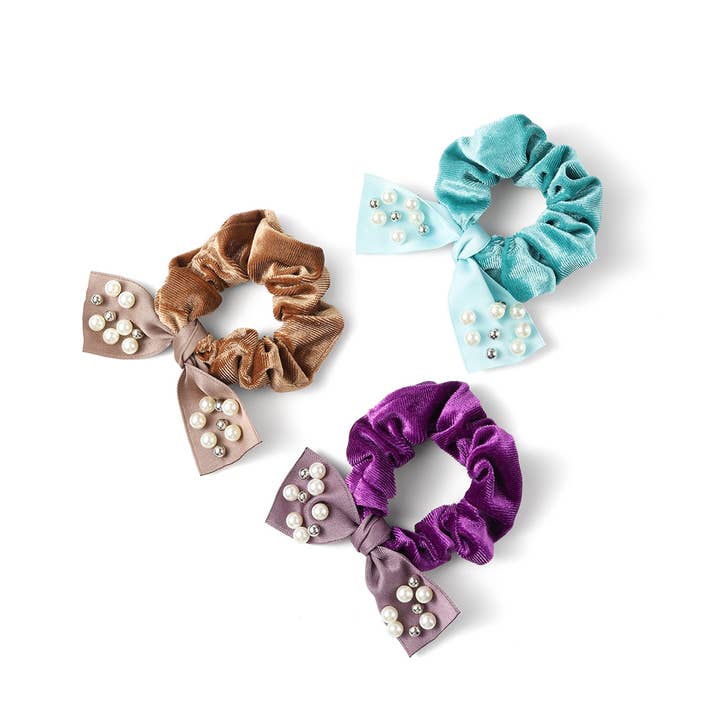 3pc Shiny Velvet Scrunchie with Pearl Ribbon for wholesale by Selini New York