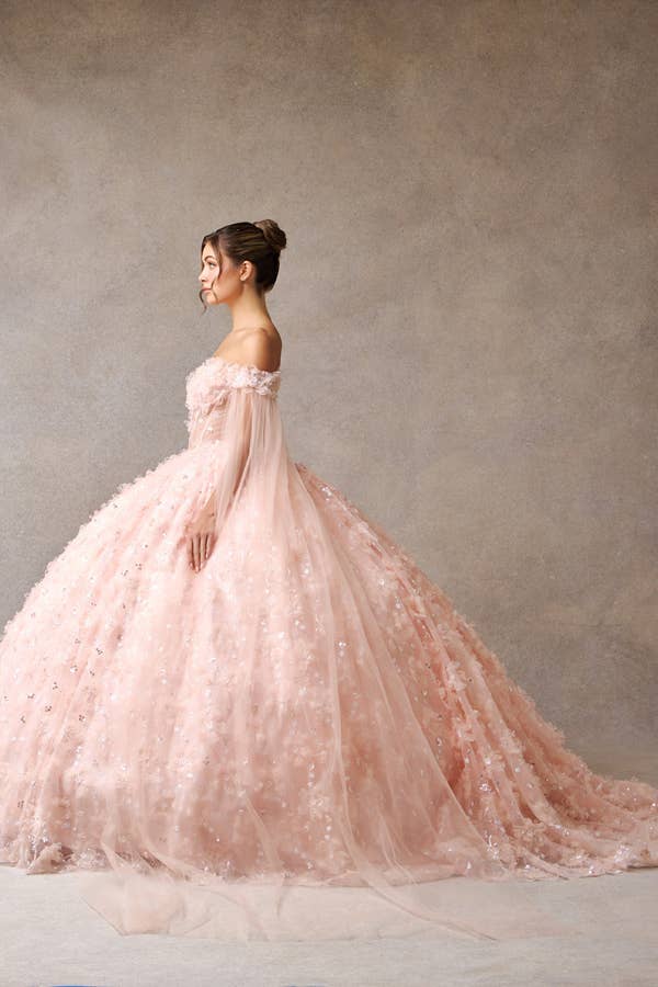 ARROSSIRE Abito da ballo Quinceañera con spalle scoperte e maniche a mantella in vendita all'ingrosso su Faire2