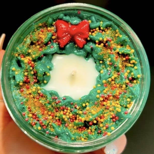 LIT Candles NJ - Wholesale Jar/Filled Candle - Holiday Wreath, Christmas Pine Scented Glitter Soy Candle