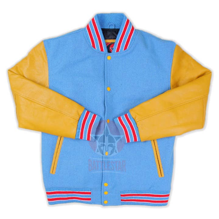 Sky Blue Wool Gold Yellow Leather Sleeves Varsity Jacket for wholesale by Eastworth Industries